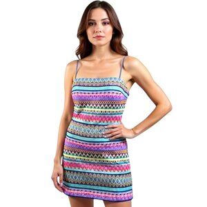 TCEC Embroidered Knit Dress Sz S Multicolor Stripe Lined Spaghetti Strap Stretch